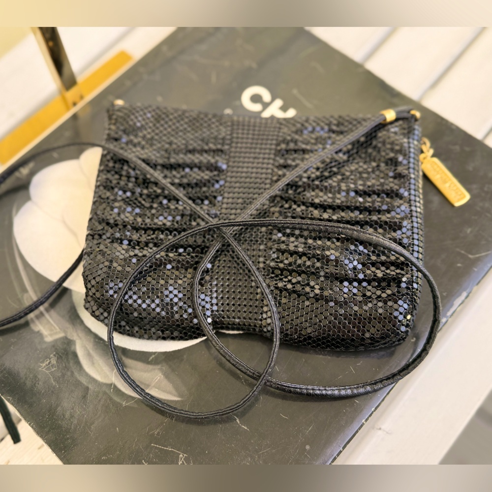 Whiting and Davis Vintage Black Sequin Purse w/ Shoulder Strap 7"  Long x 5" EUC